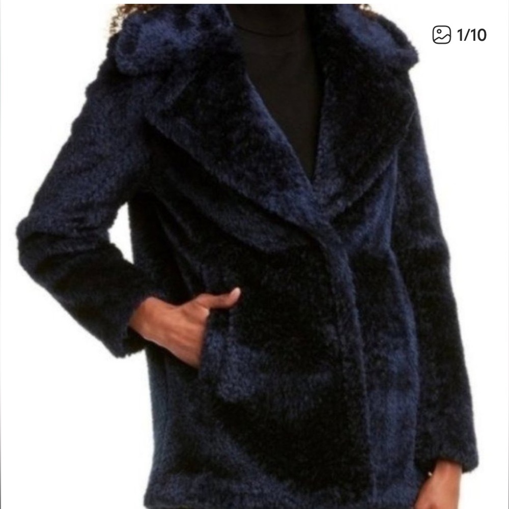 French Connection Faux Fur Notch Collar Navy Blue Vegan Coat Size large furry
